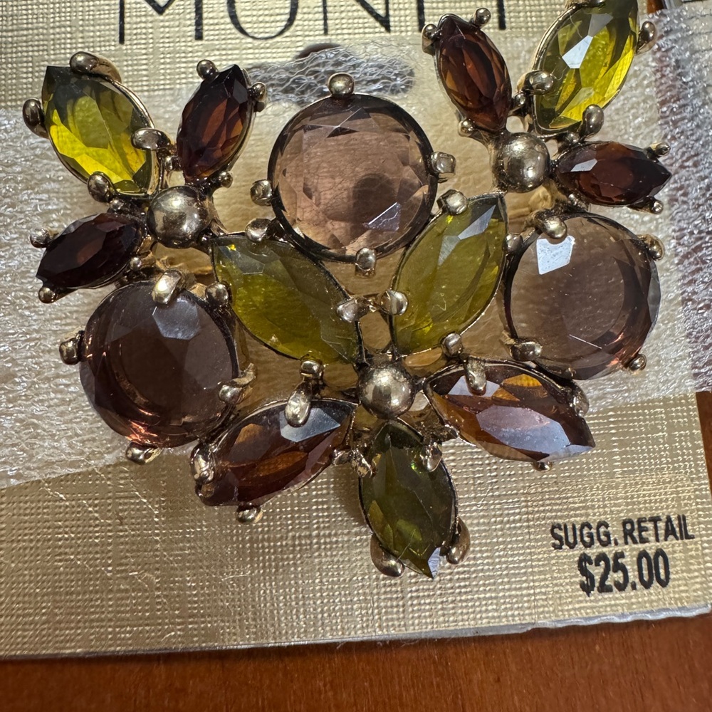 Monet Green and Burgundy and Smokey Crystal Pin Brooch Goldtone